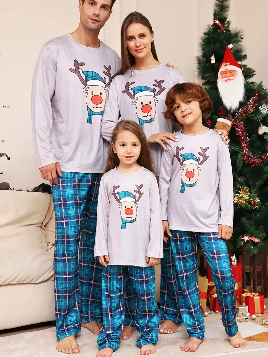 Blue Family Sweater Round Neck Long Sleeves Christmas Pattern Pajamas