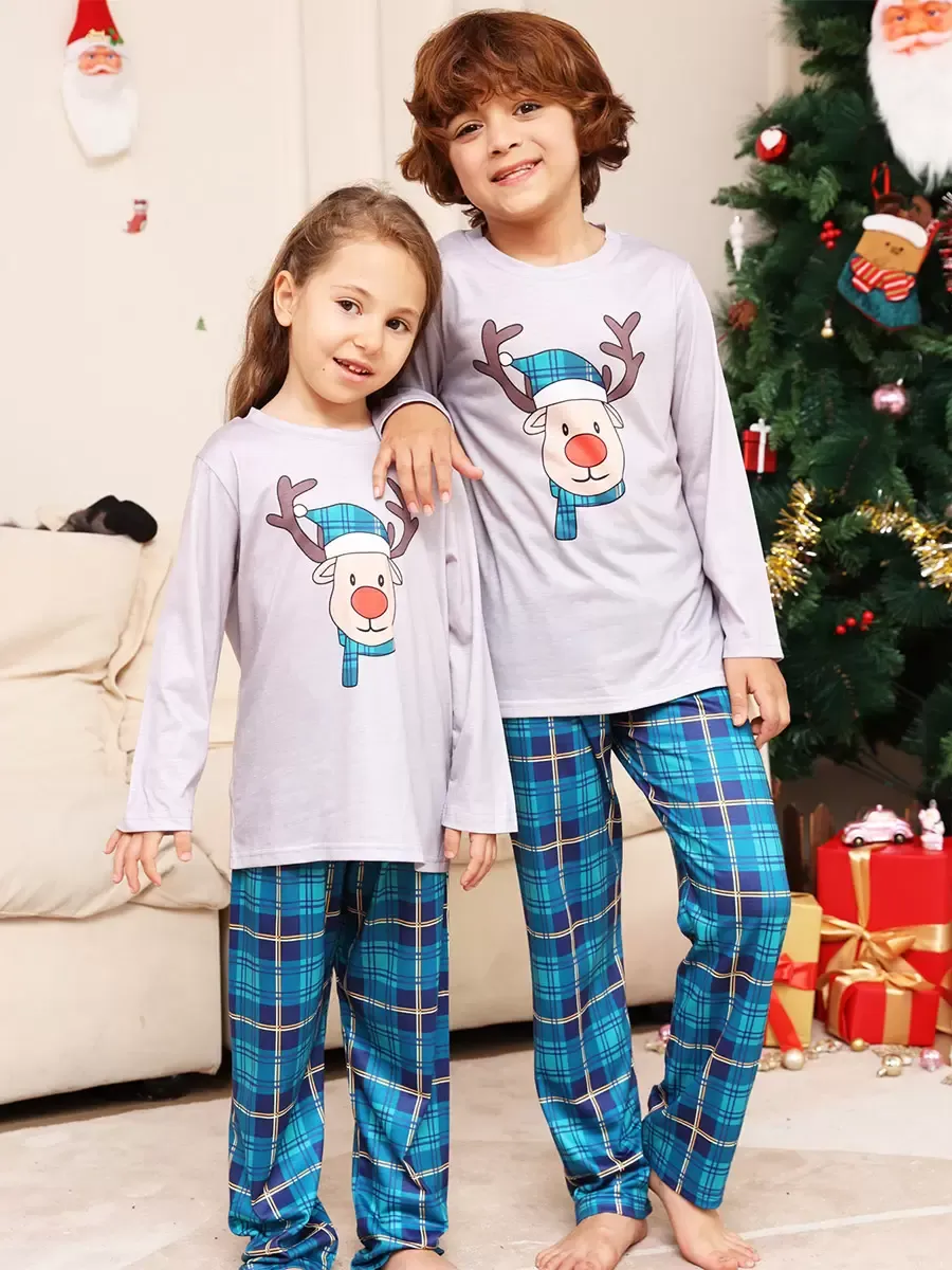 Blue Family Sweater Round Neck Long Sleeves Christmas Pattern Pajamas