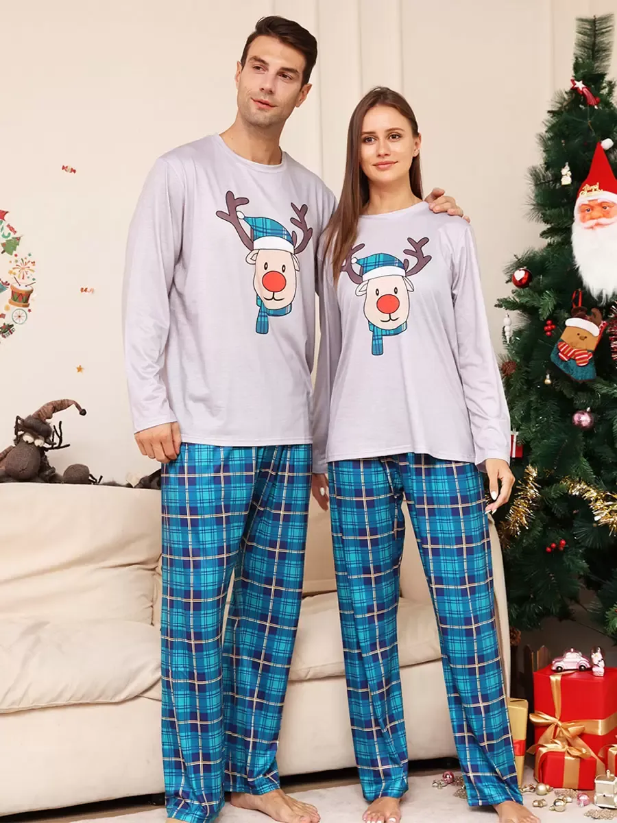 Blue Family Sweater Round Neck Long Sleeves Christmas Pattern Pajamas