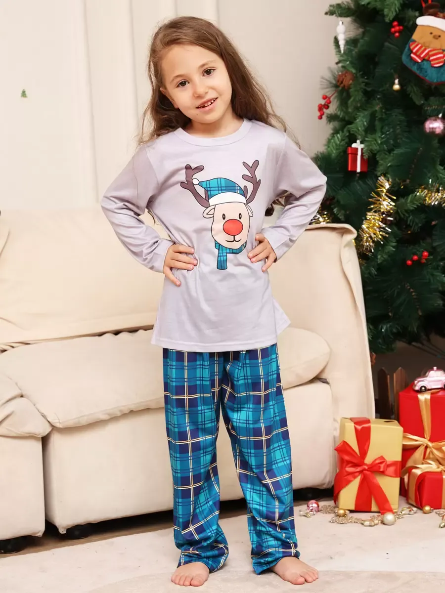 Blue Family Sweater Round Neck Long Sleeves Christmas Pattern Pajamas