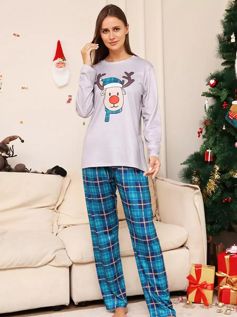 Blue Family Sweater Round Neck Long Sleeves Christmas Pattern Pajamas