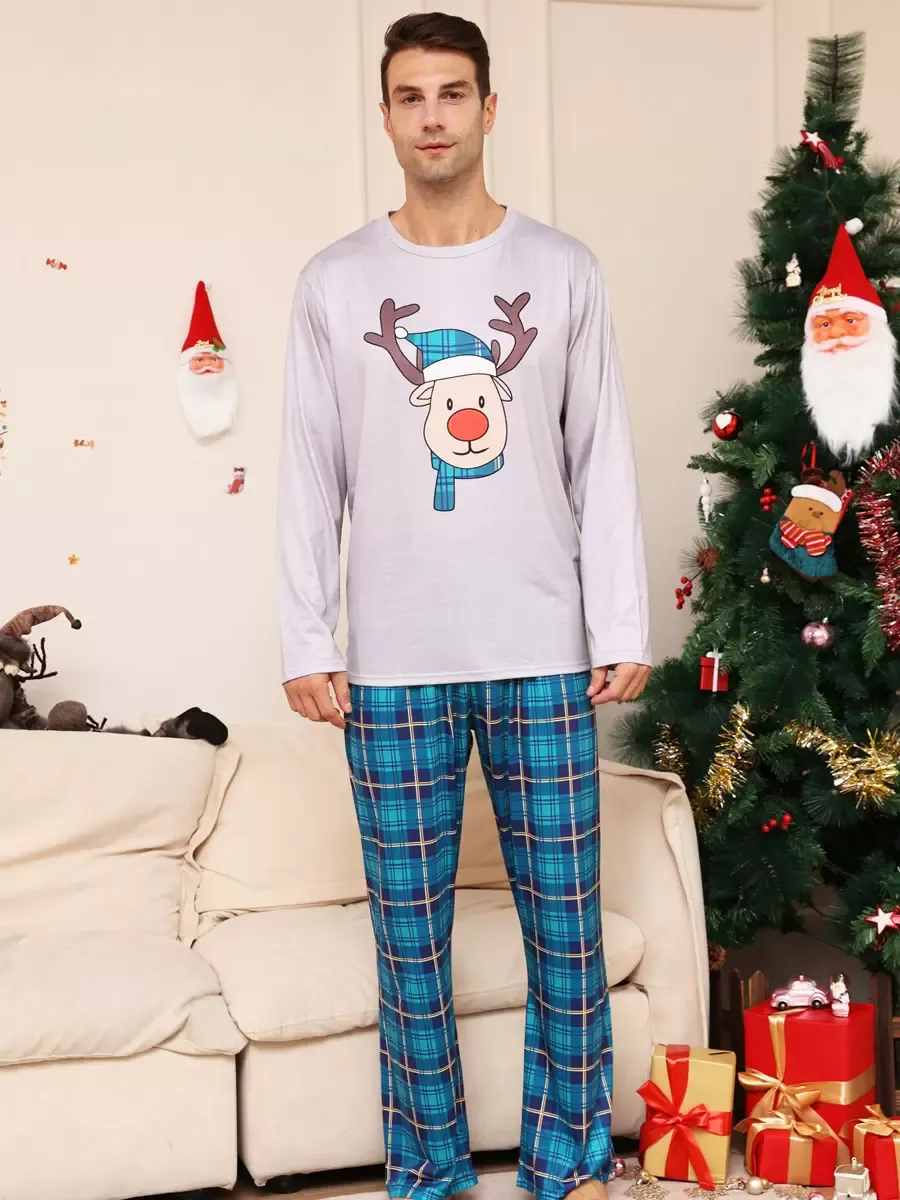 Blue Family Sweater Round Neck Long Sleeves Christmas Pattern Pajamas