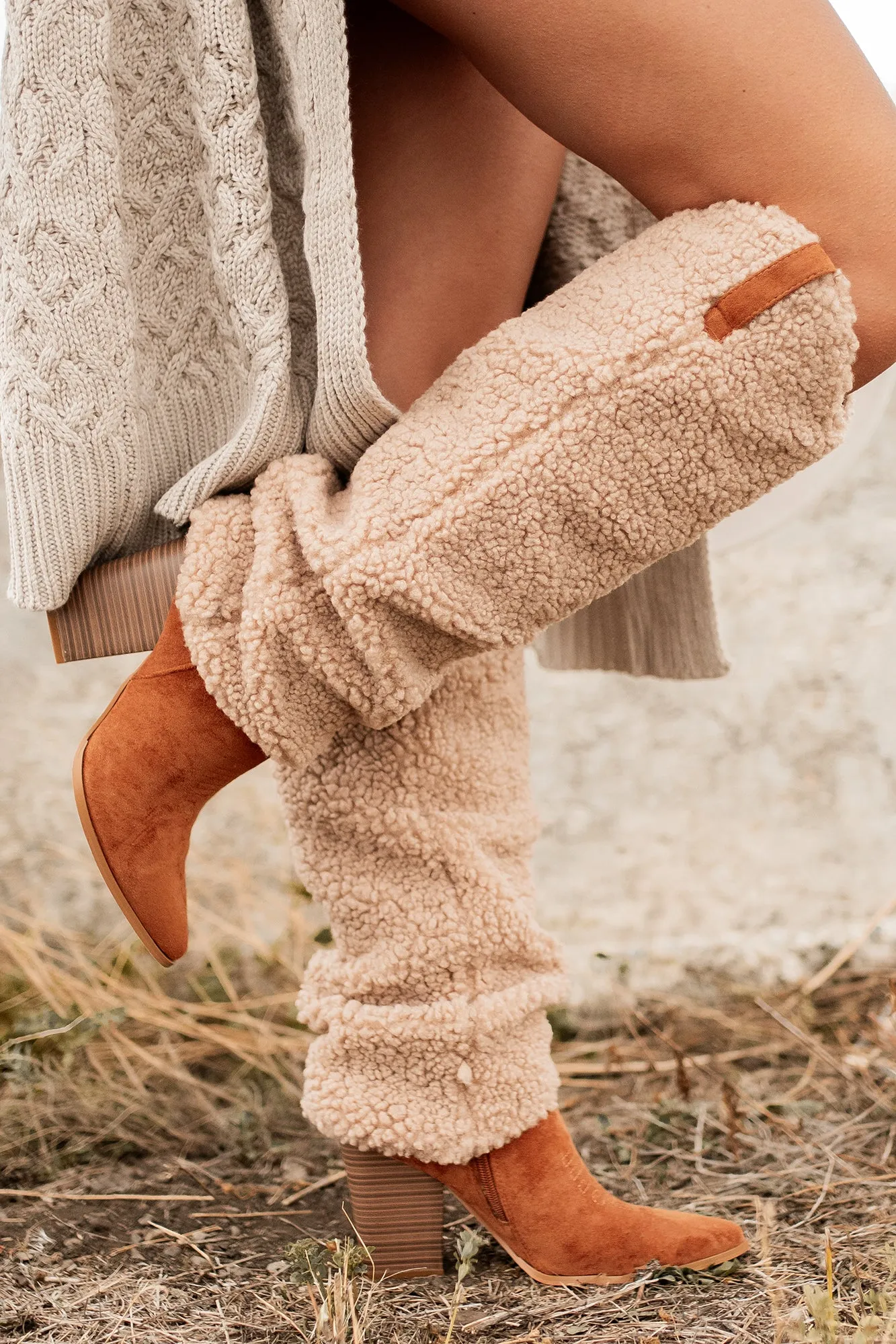 Boujee Cowgirl Slouchy Sherpa Boots (Tan)