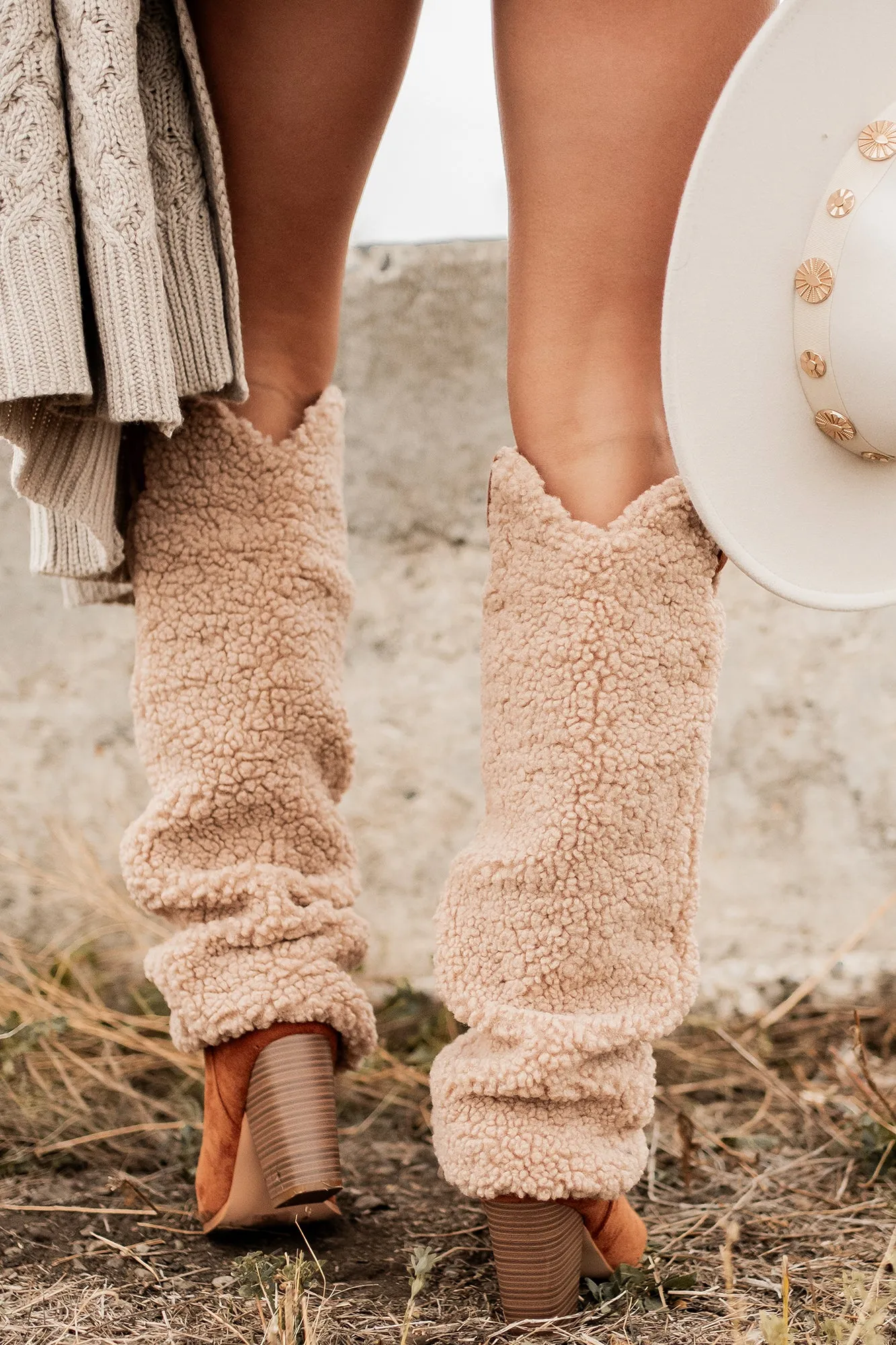 Boujee Cowgirl Slouchy Sherpa Boots (Tan)