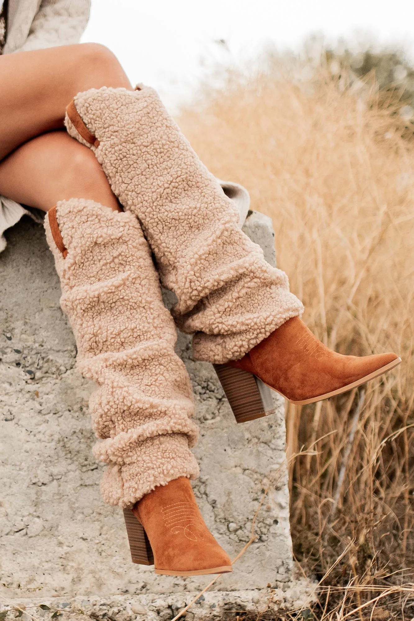 Boujee Cowgirl Slouchy Sherpa Boots (Tan)