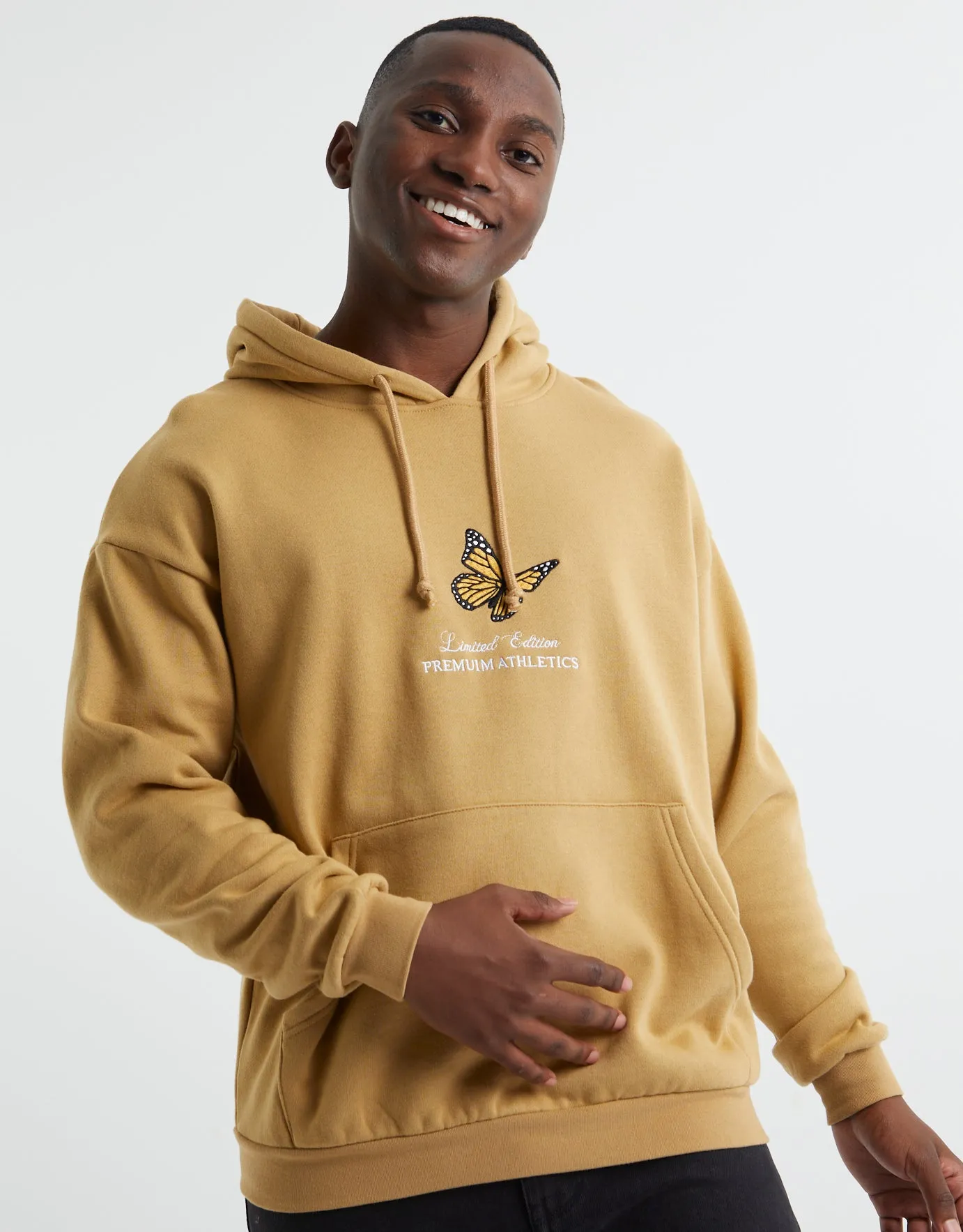 Butterfly Embroidered Box Fit Hoodie in Tan | Hallensteins NZ