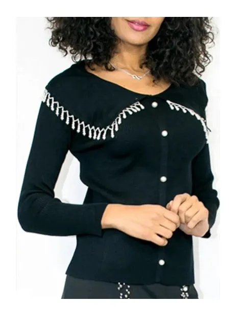 Collar Pearl Embellished Sweater