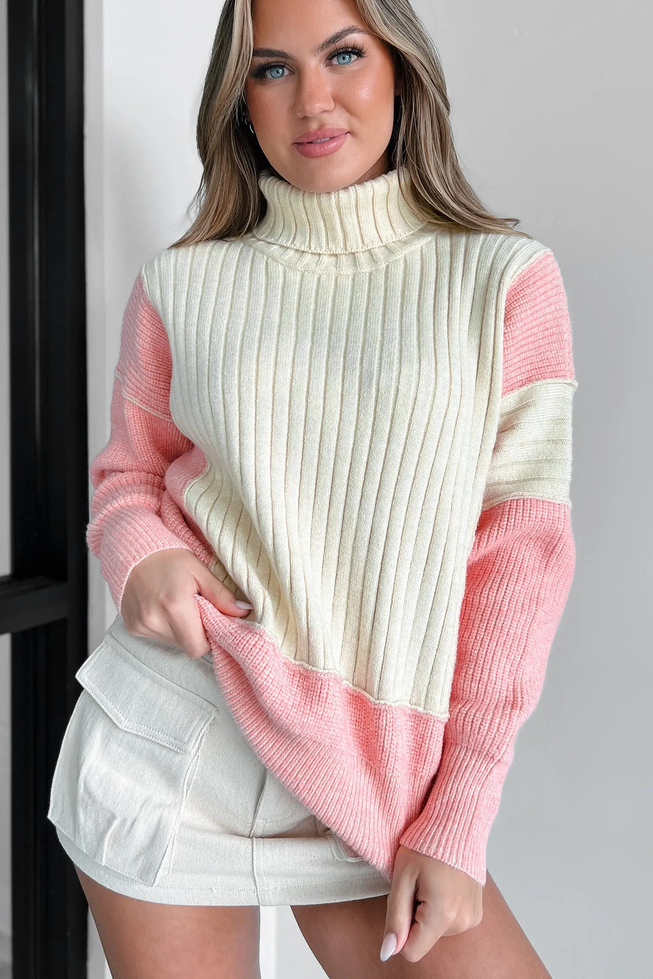 Cuteness Overload Colorblock Turtleneck Sweater (Pink Multi)