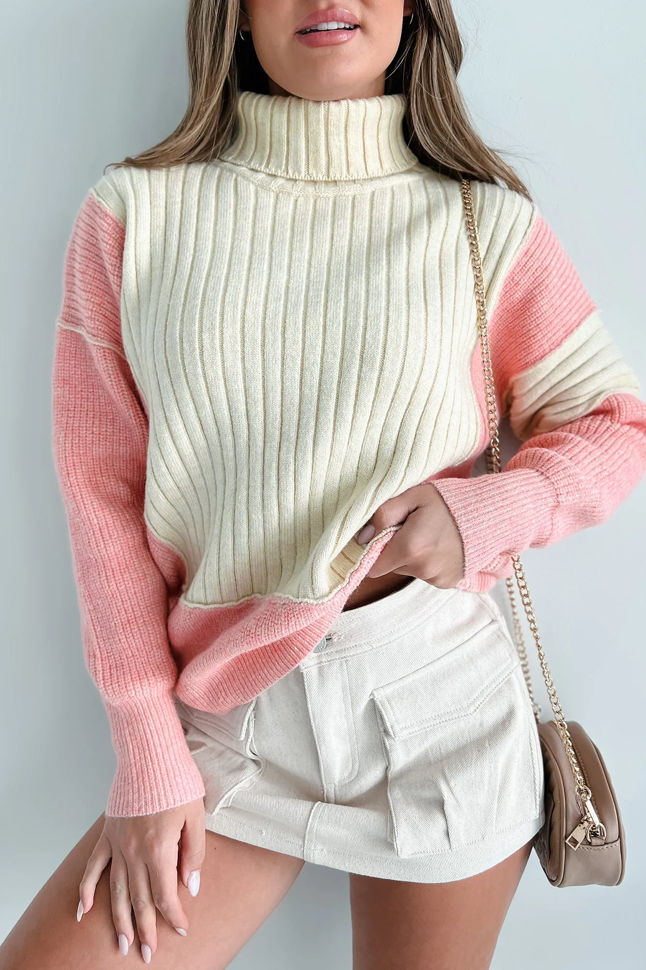 Cuteness Overload Colorblock Turtleneck Sweater (Pink Multi)