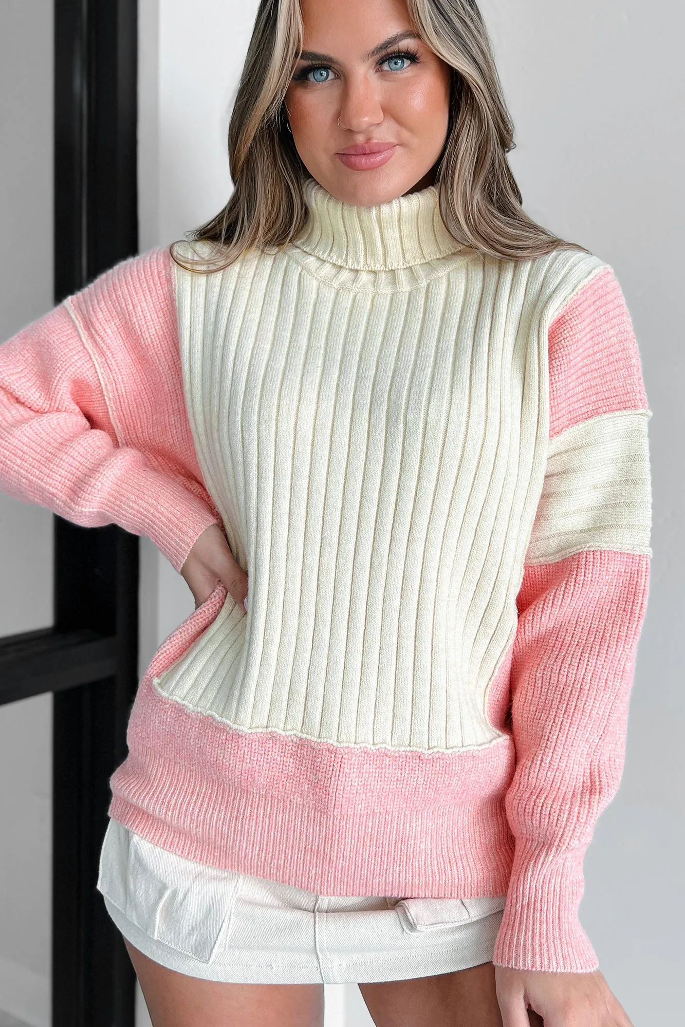 Cuteness Overload Colorblock Turtleneck Sweater (Pink Multi)