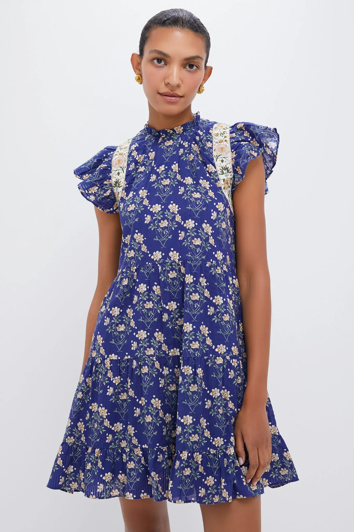 Exclusive Blue Elizabeth Print Mini Flutter Sleeve Dress