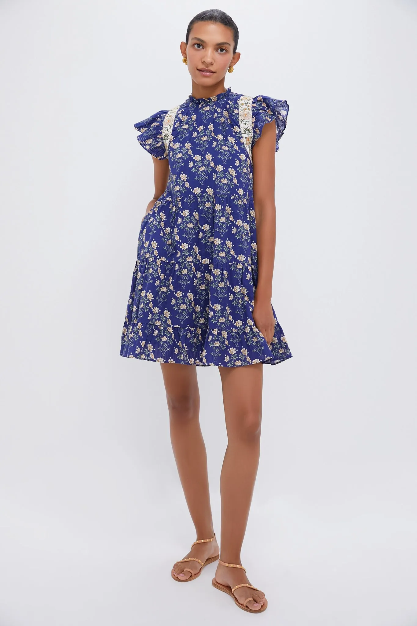 Exclusive Blue Elizabeth Print Mini Flutter Sleeve Dress