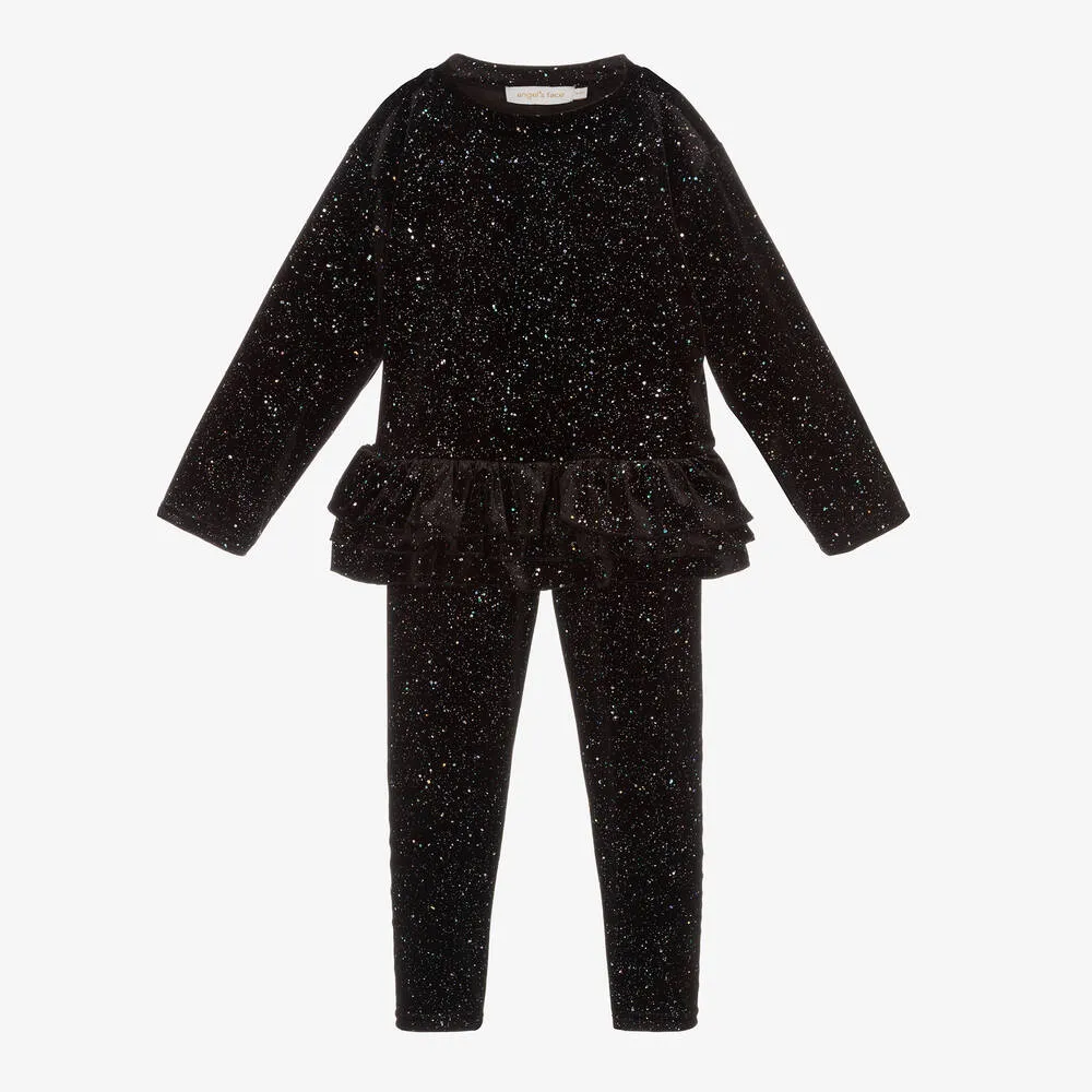 Girls Black Sparkly Velour Leggings Set