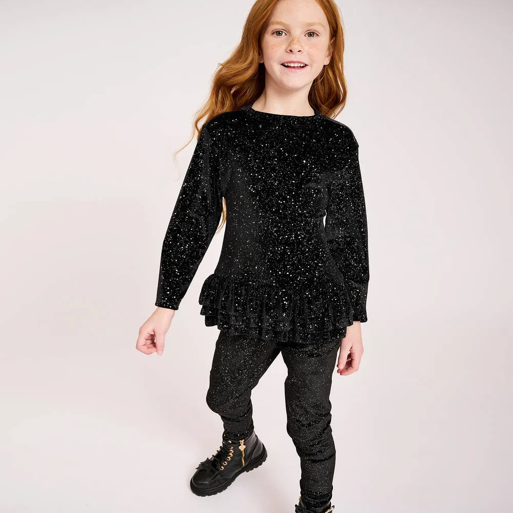 Girls Black Sparkly Velour Leggings Set