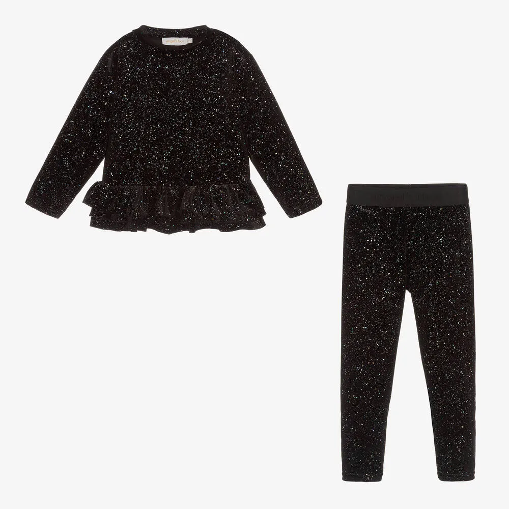 Girls Black Sparkly Velour Leggings Set