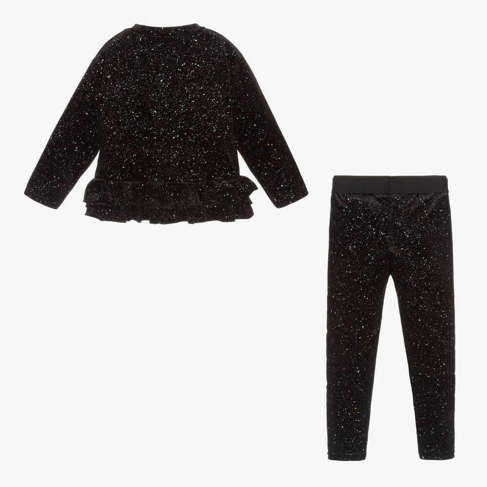 Girls Black Sparkly Velour Leggings Set