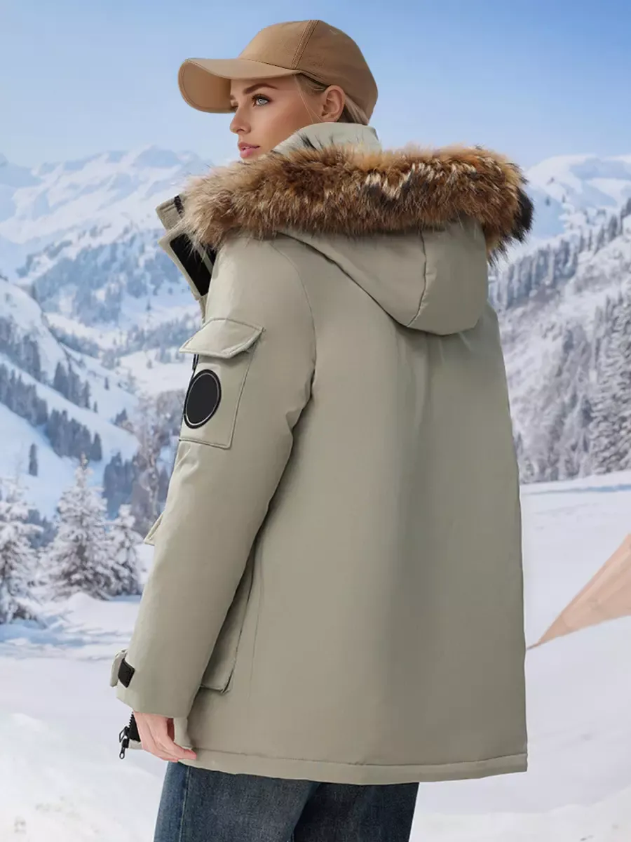 Hooded Parka Jacket With Faux Fur Collar Cotton Filling Zip-up Winter Warm Outerwear For Women 2025