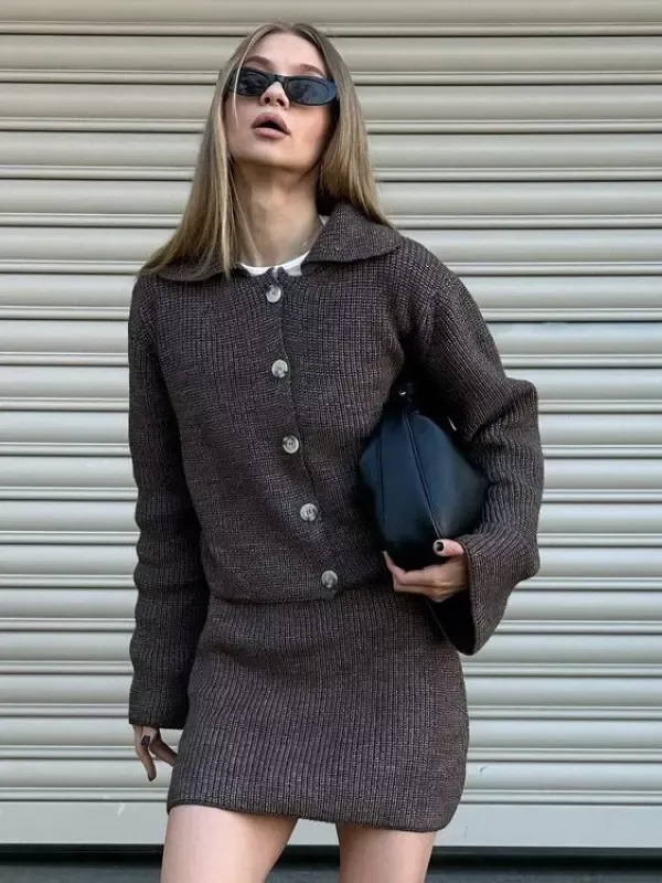 Knitted Two-Piece Set Oversized Collared Sweater and Skirt Casual Spring Outfit For Women 2025