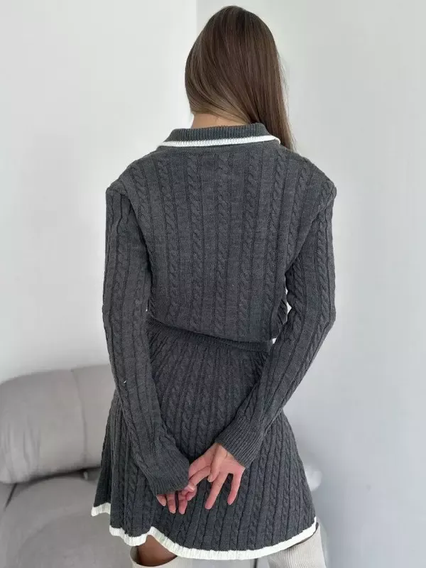 Knitted Two-Piece Set Polo Collar Sweater and Skirt Color Block Casual Spring Outfits For Women 2025