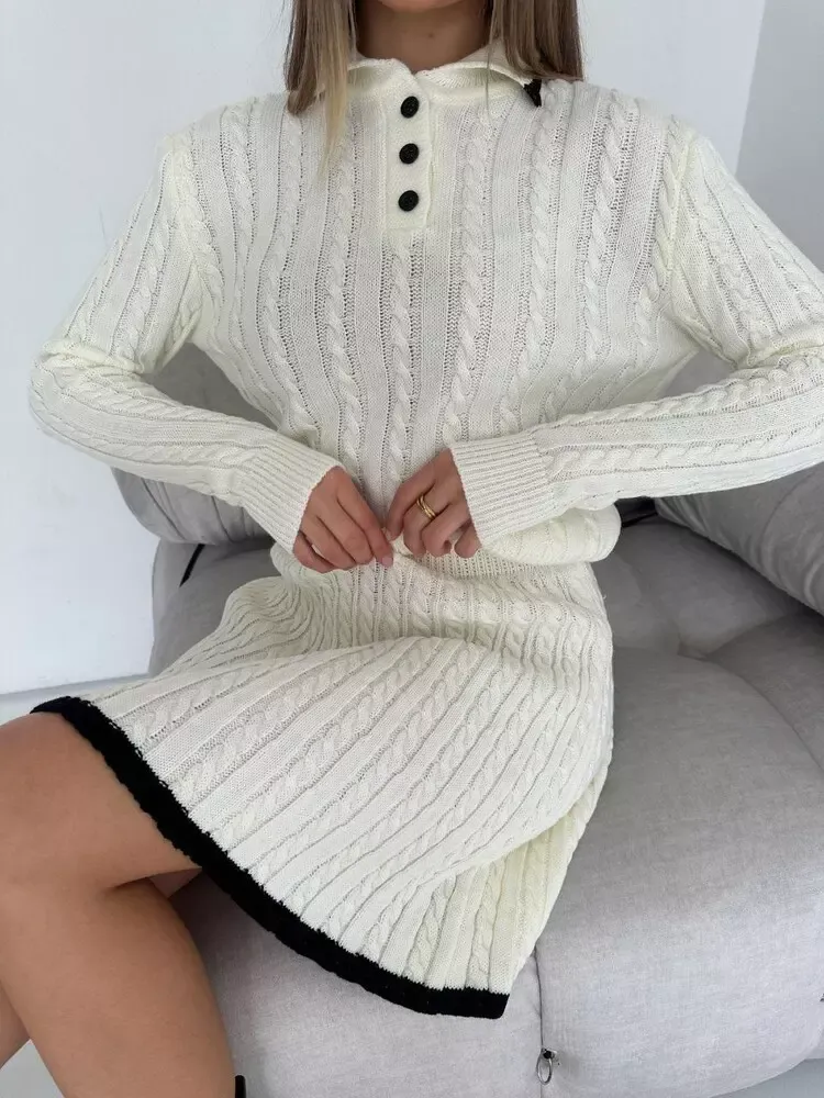 Knitted Two-Piece Set Polo Collar Sweater and Skirt Color Block Casual Spring Outfits For Women 2025