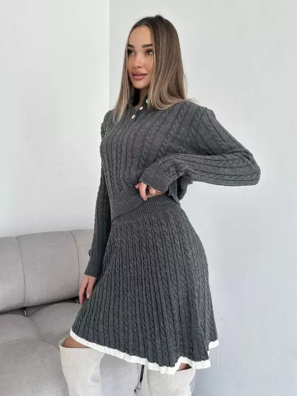 Knitted Two-Piece Set Polo Collar Sweater and Skirt Color Block Casual Spring Outfits For Women 2025