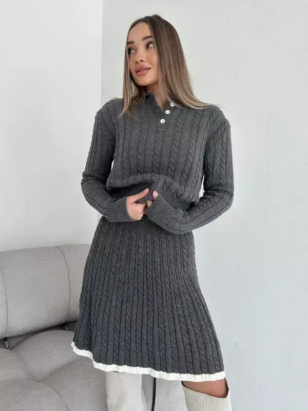 Knitted Two-Piece Set Polo Collar Sweater and Skirt Color Block Casual Spring Outfits For Women 2025