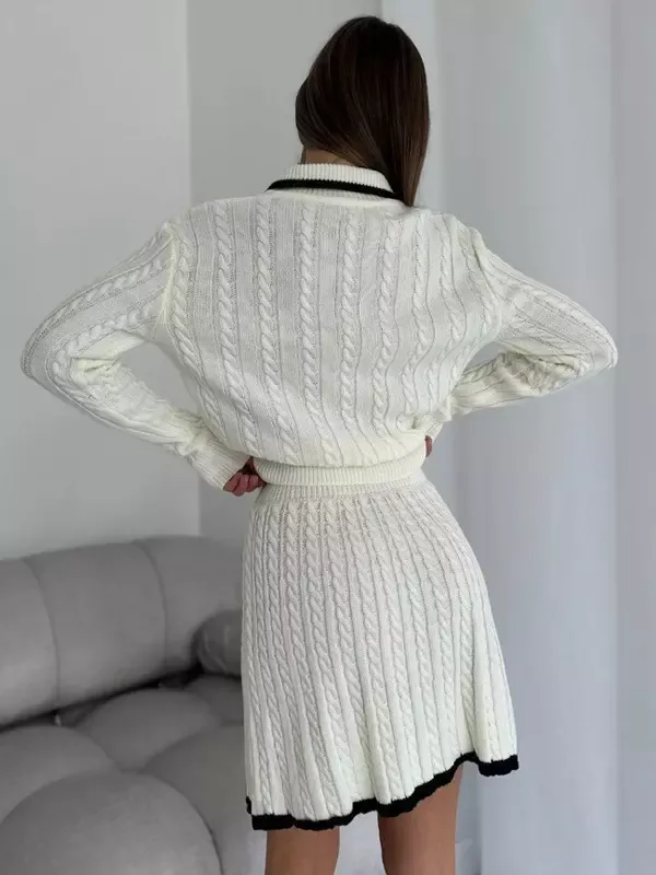 Knitted Two-Piece Set Polo Collar Sweater and Skirt Color Block Casual Spring Outfits For Women 2025