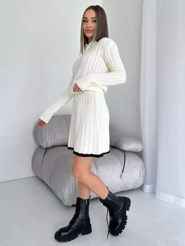 Knitted Two-Piece Set Polo Collar Sweater and Skirt Color Block Casual Spring Outfits For Women 2025