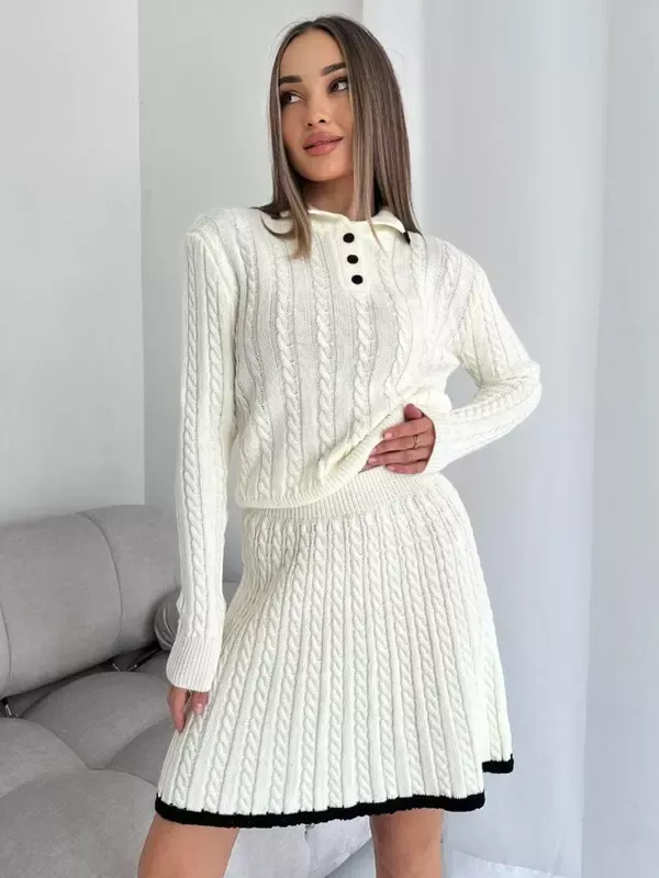 Knitted Two-Piece Set Polo Collar Sweater and Skirt Color Block Casual Spring Outfits For Women 2025