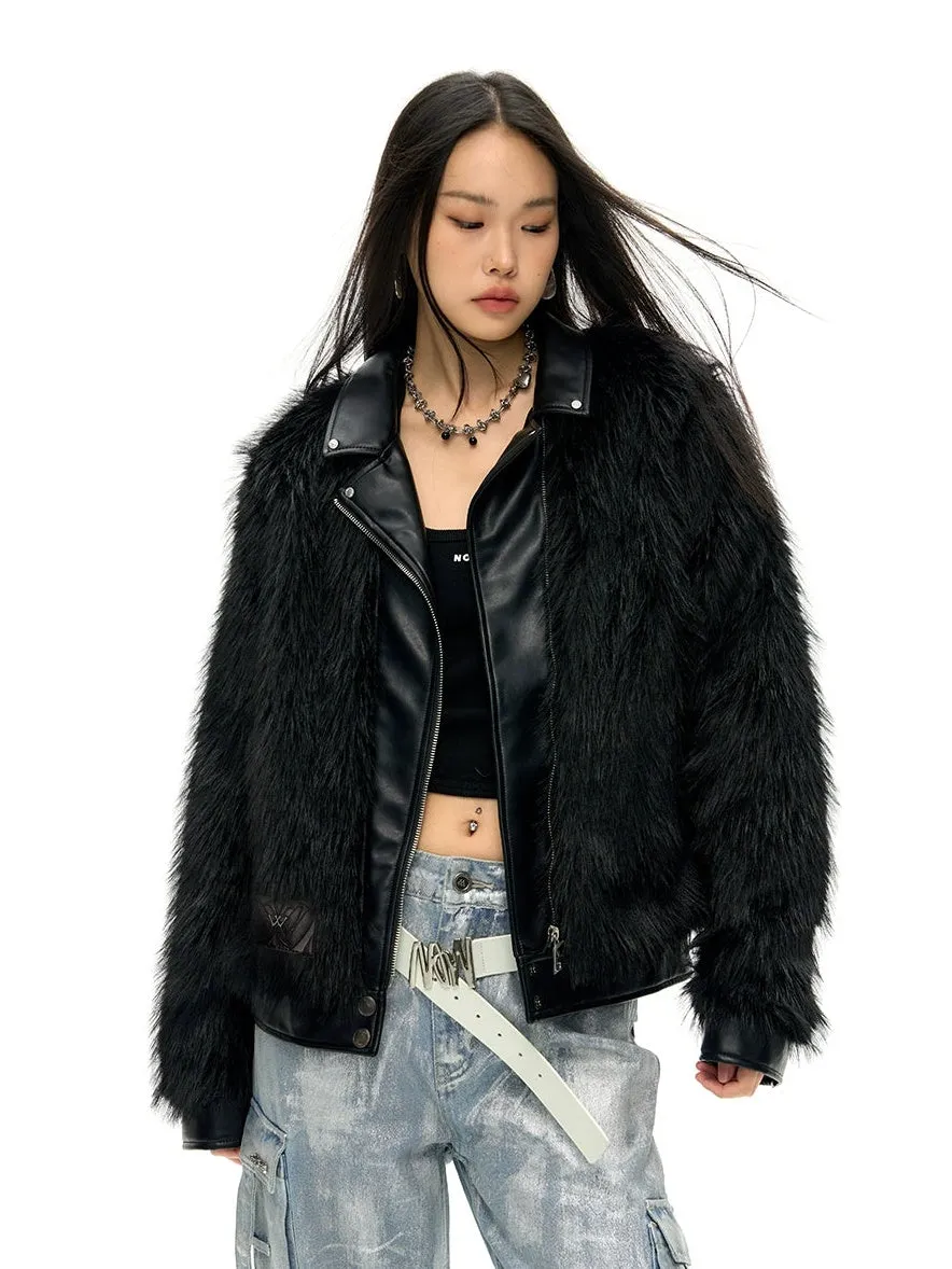 Leather Lapel Long Hair Eco-friendly Fur Jacket