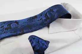 Mens Black & Blue Paisley Patterned Neck Tie & Matching Pocket Square Set