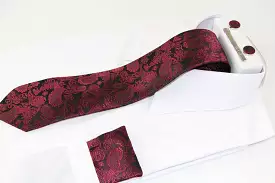 Mens Burgundy & Black Boho Paisley Matching Neck Tie, Pocket Square, Cuff Links And Tie Clip Set