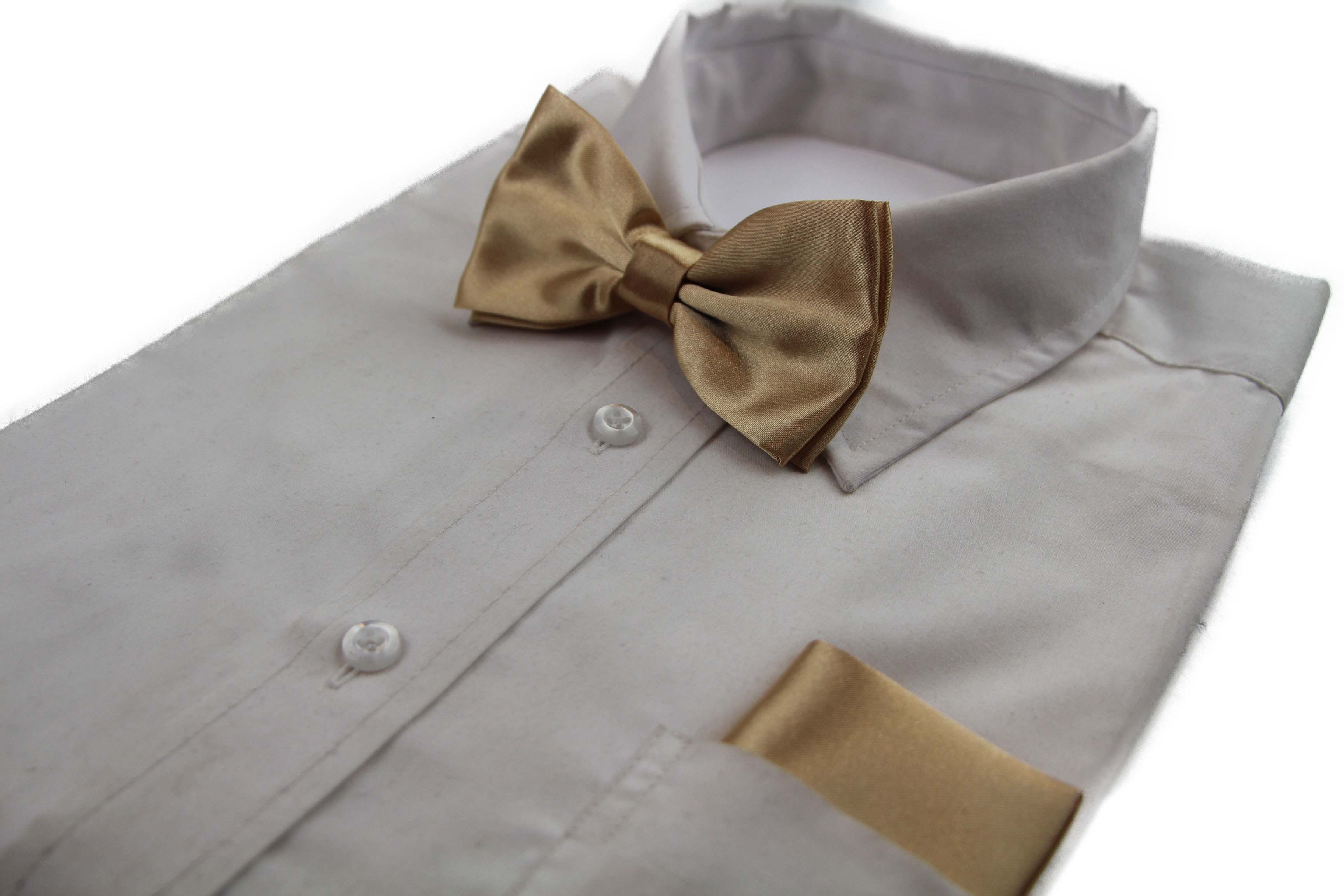 Mens Gold Plain Bow Tie & Matching Pocket Square Set