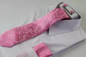 Mens Light Pink & Pink Boho Paisley Matching Neck Tie, Pocket Square, Cuff Links And Tie Clip Set