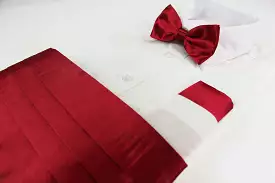 Mens Maroon Cummerbund & Matching Plain Bow Tie And Pocket Square Set