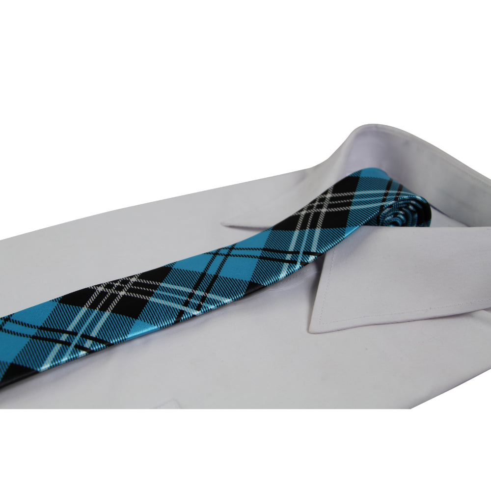 Mens Ocean Blue & Black Plaid Striped 5cm Skinny Neck Tie