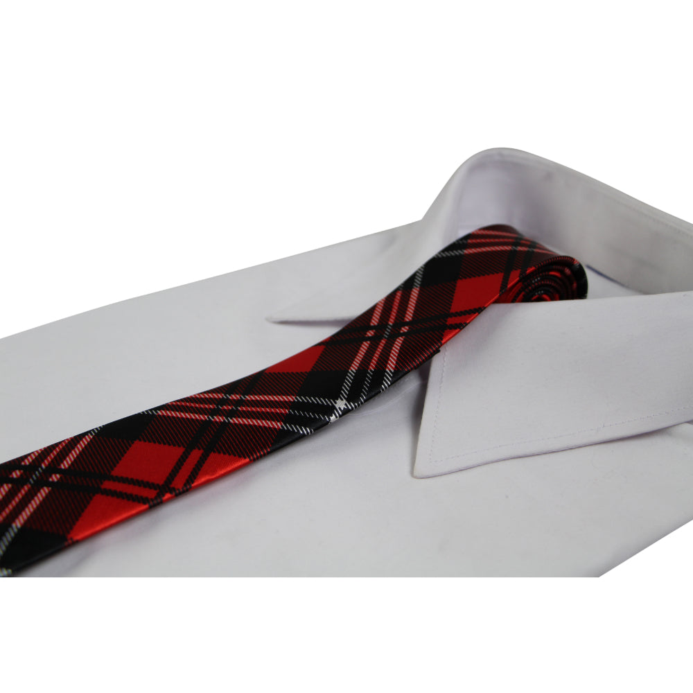 Mens Red & Black Plaid Striped 5cm Skinny Neck Tie