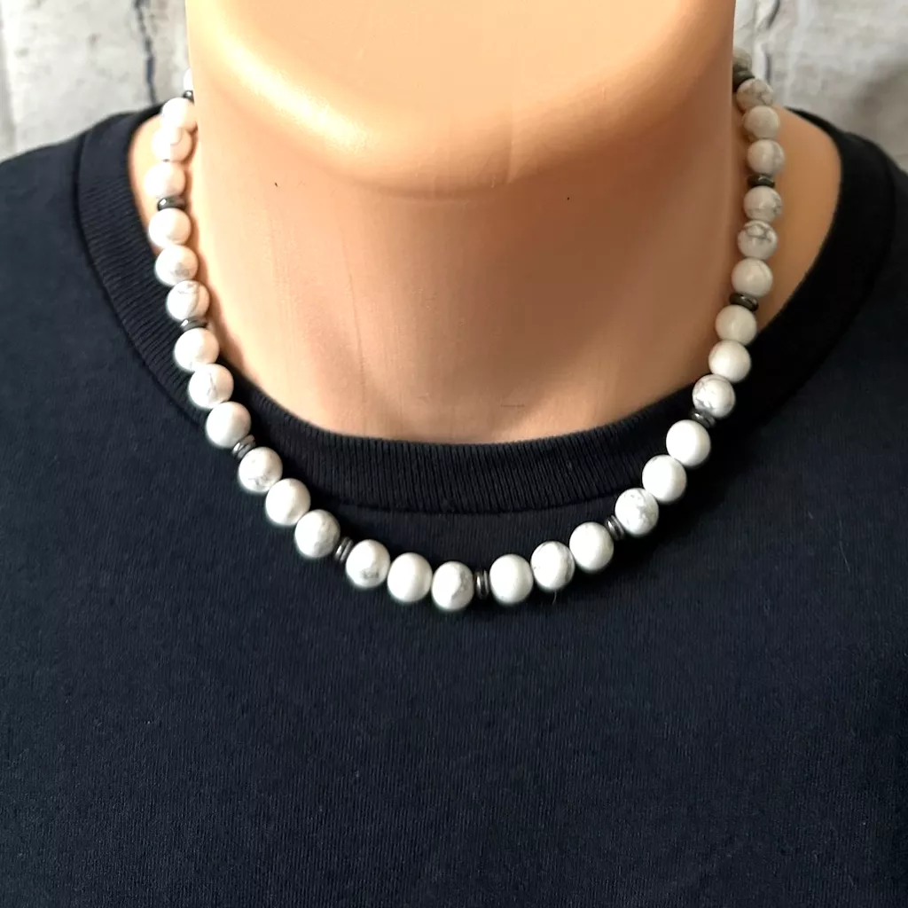 Men's White and Gray Howlite and Black Hematite Beaded Necklace