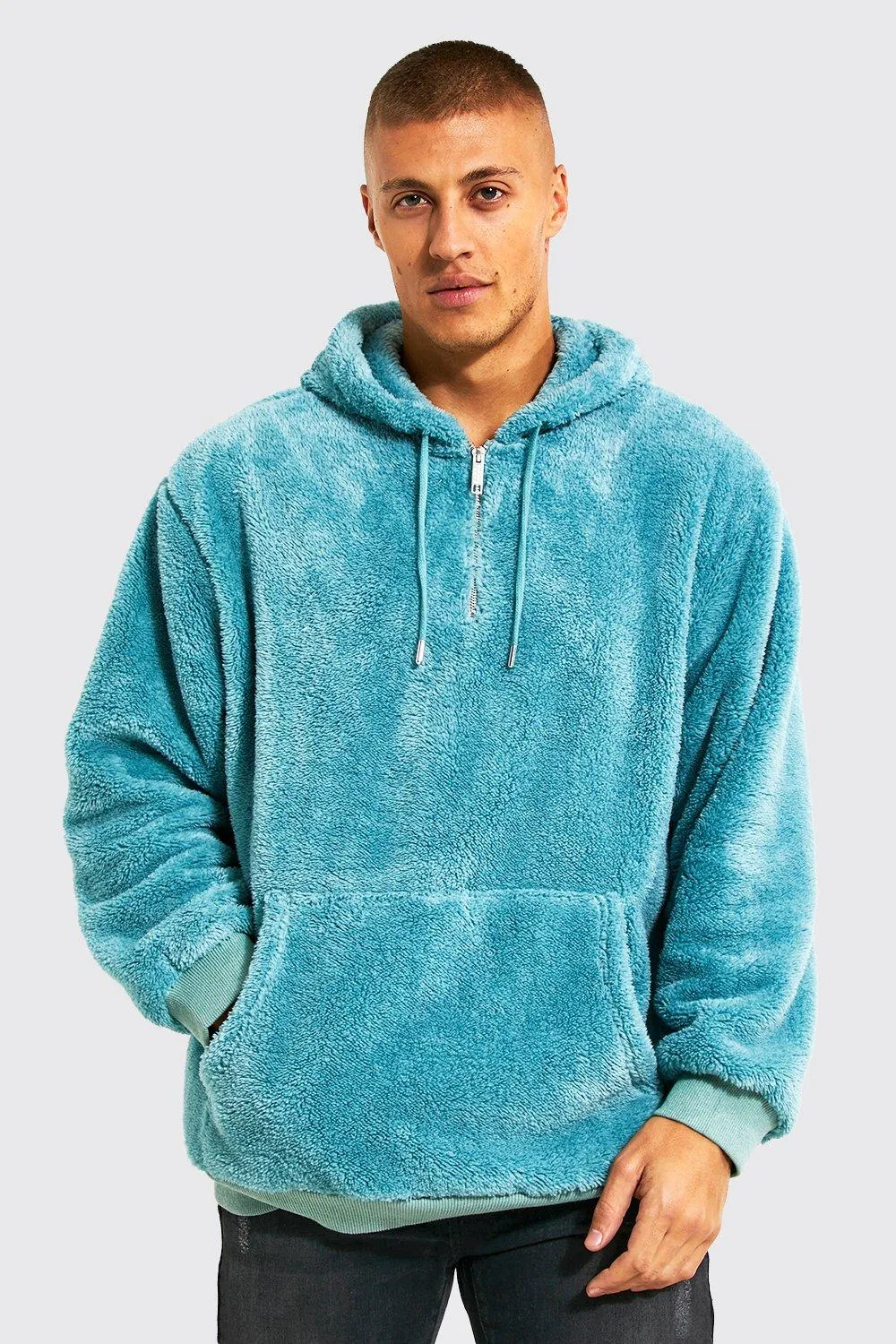 Oversized Half Zip Neck Borg Hoodie | boohooMAN UK