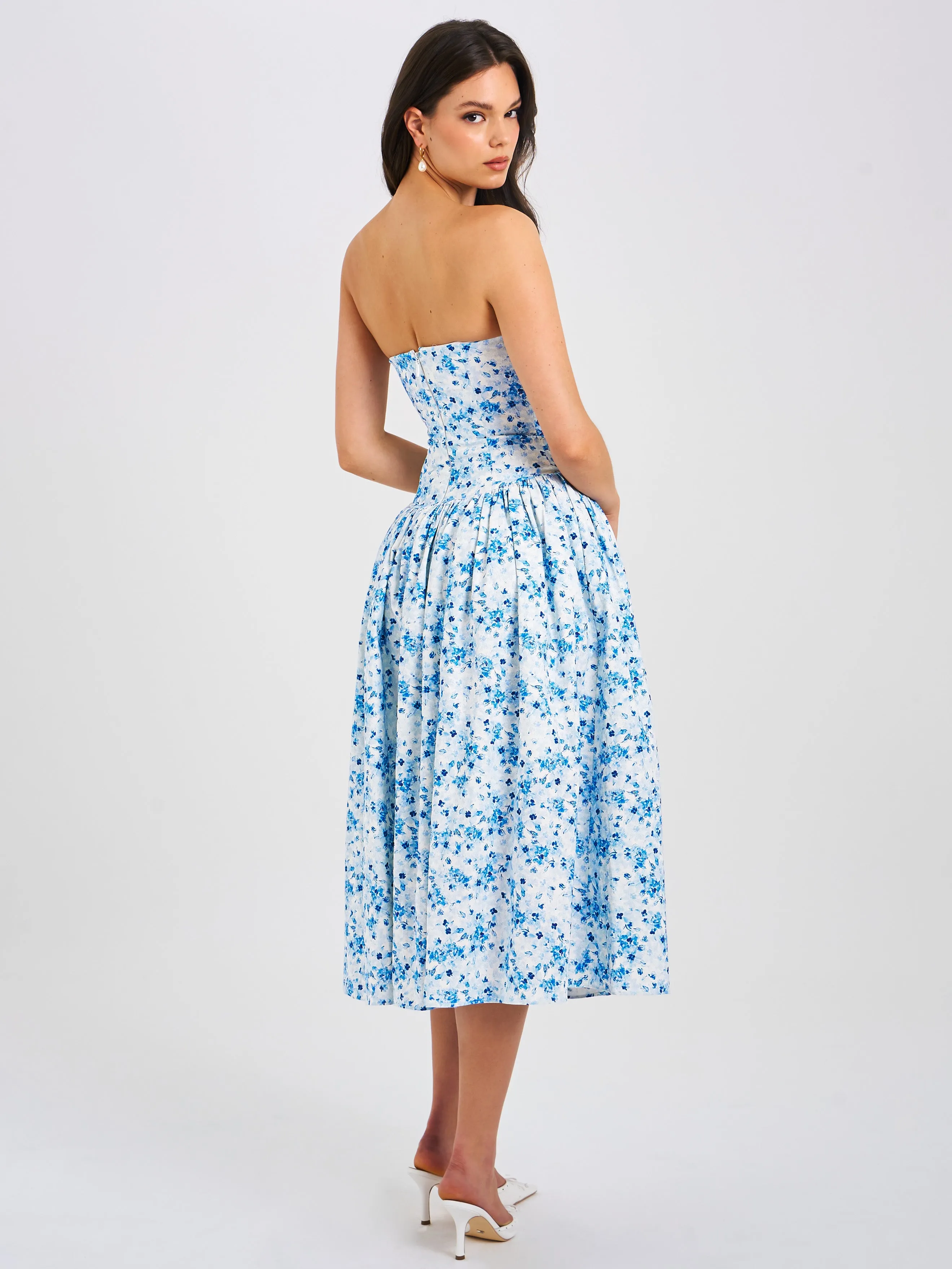 Paloma Blue Print Linen Corset Draping Top Midi Dress