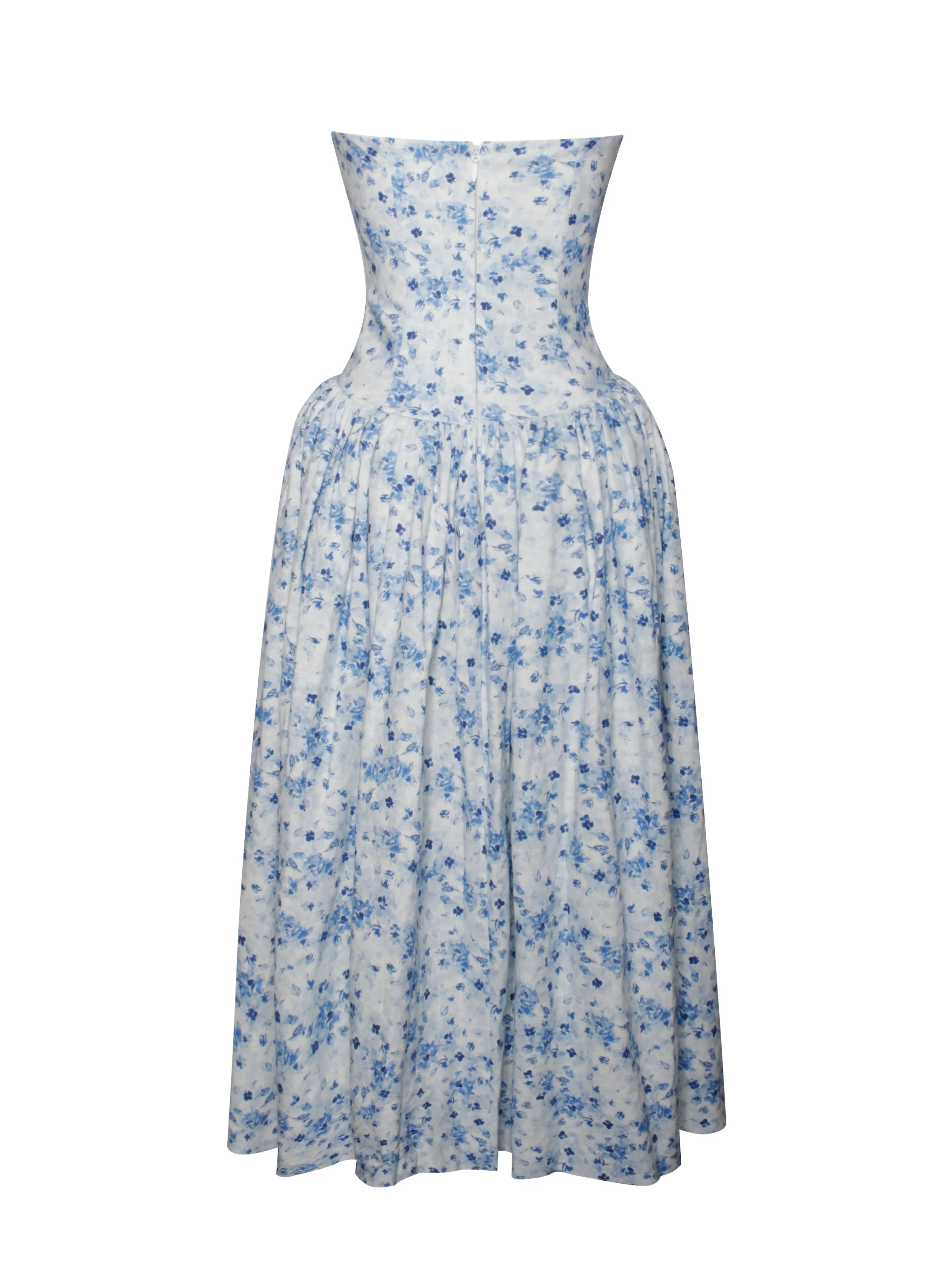 Paloma Blue Print Linen Corset Draping Top Midi Dress