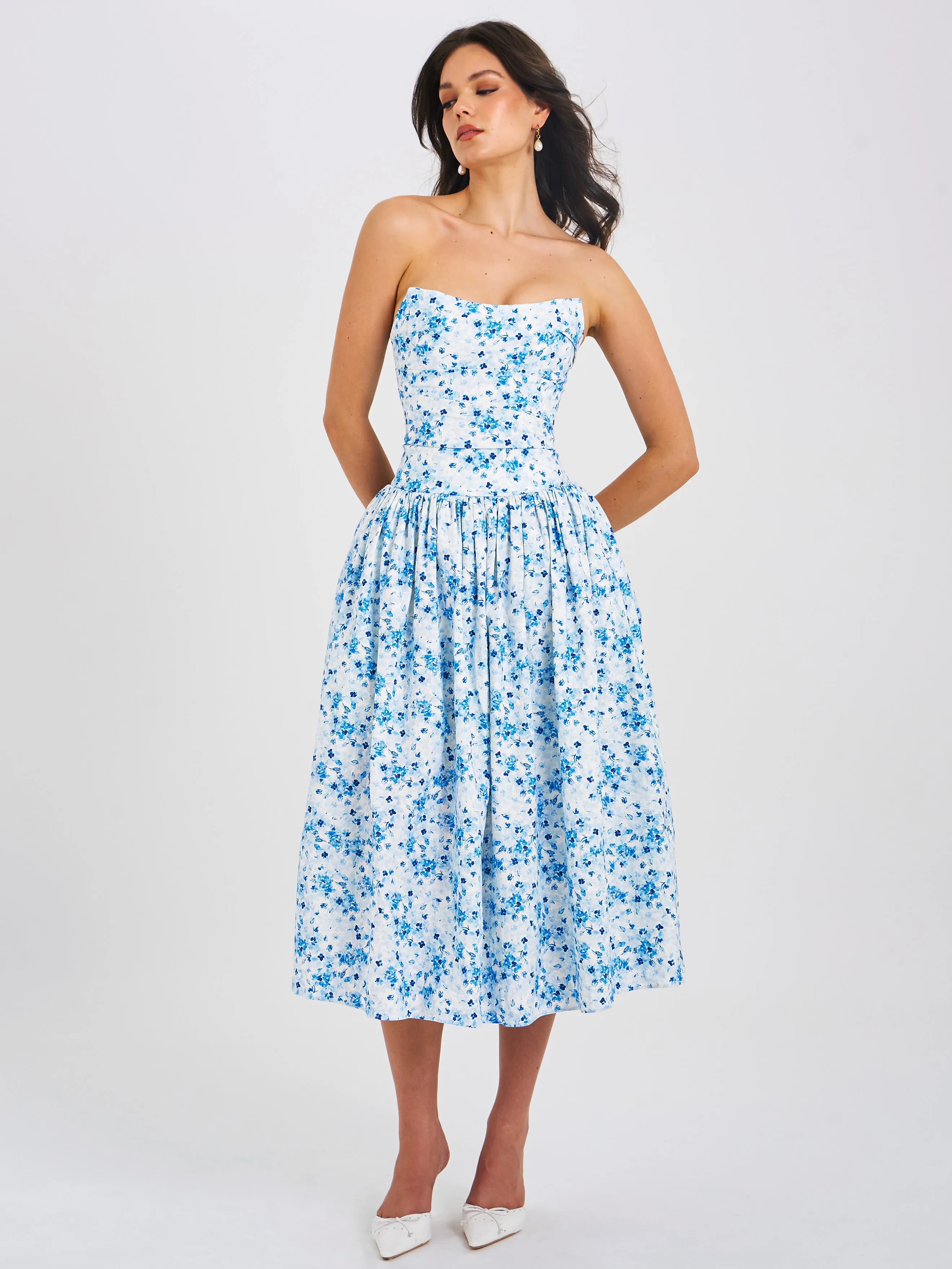 Paloma Blue Print Linen Corset Draping Top Midi Dress