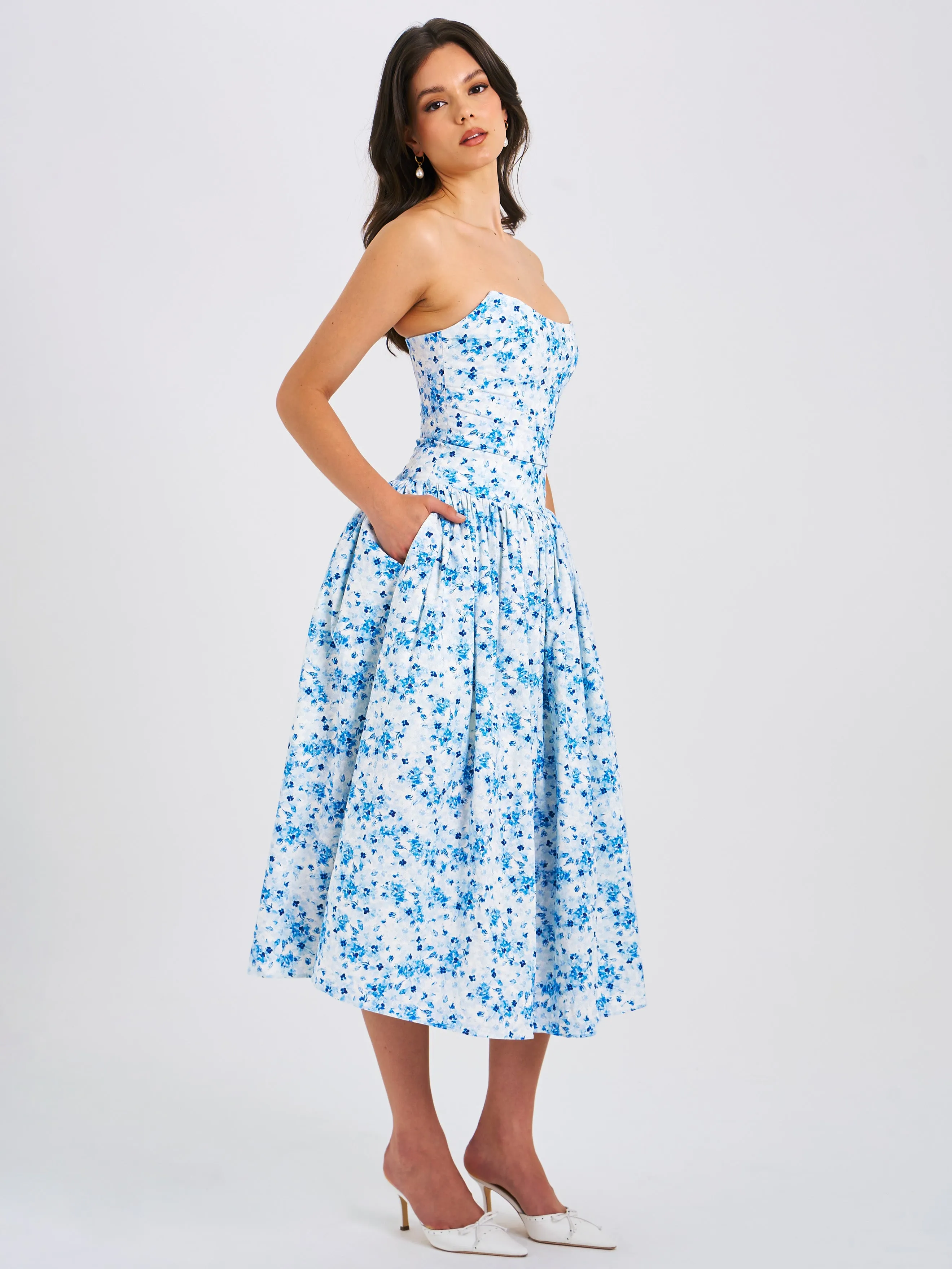 Paloma Blue Print Linen Corset Draping Top Midi Dress