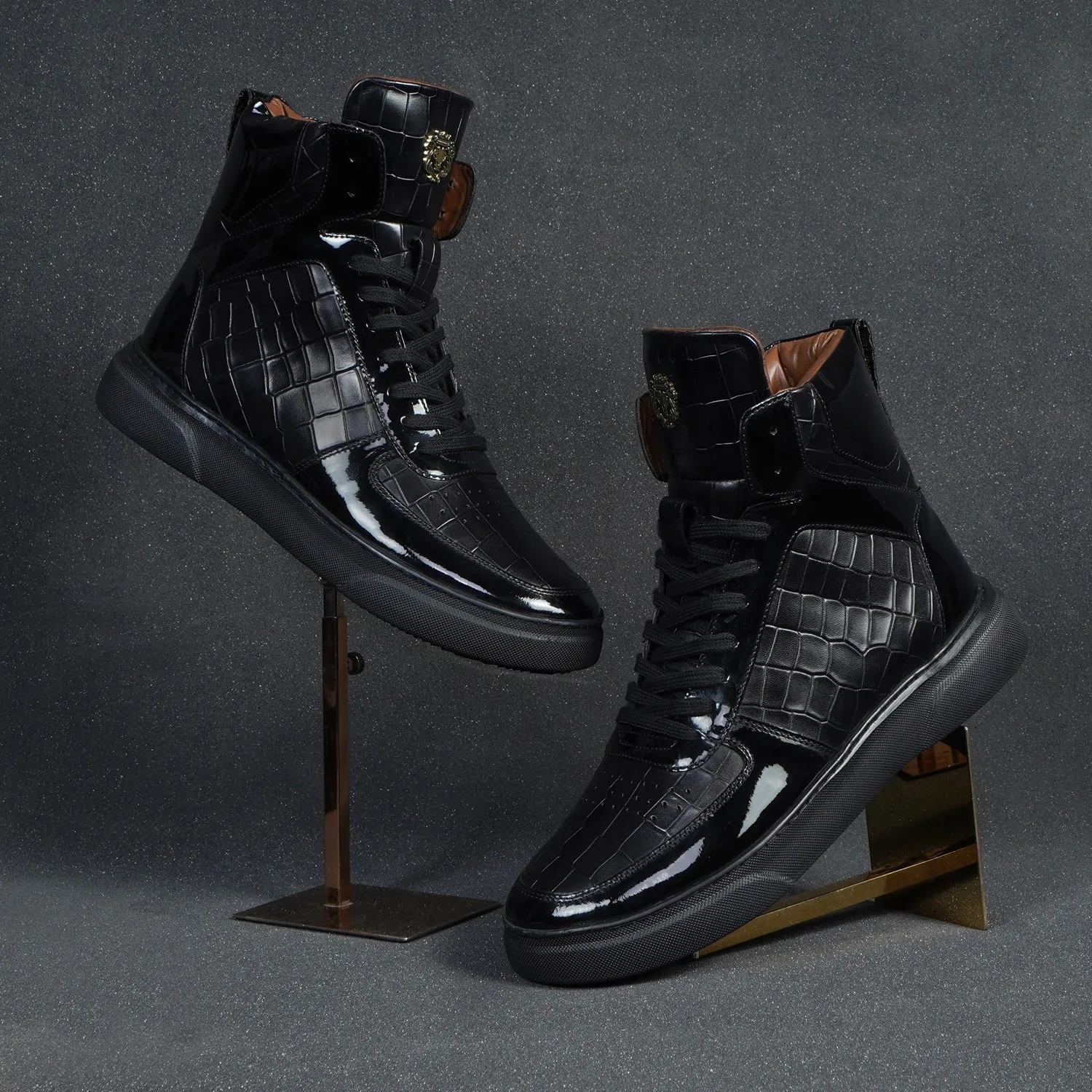 Patent Leather Detailing High Top Sneakers in Black Deep Cut Leather