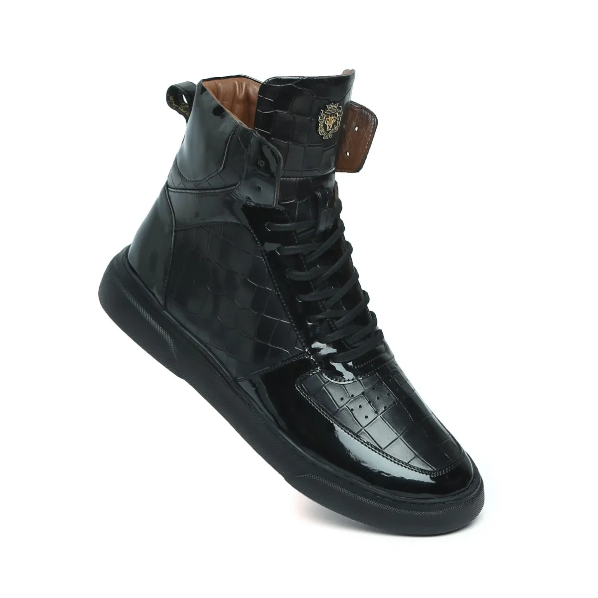 Patent Leather Detailing High Top Sneakers in Black Deep Cut Leather