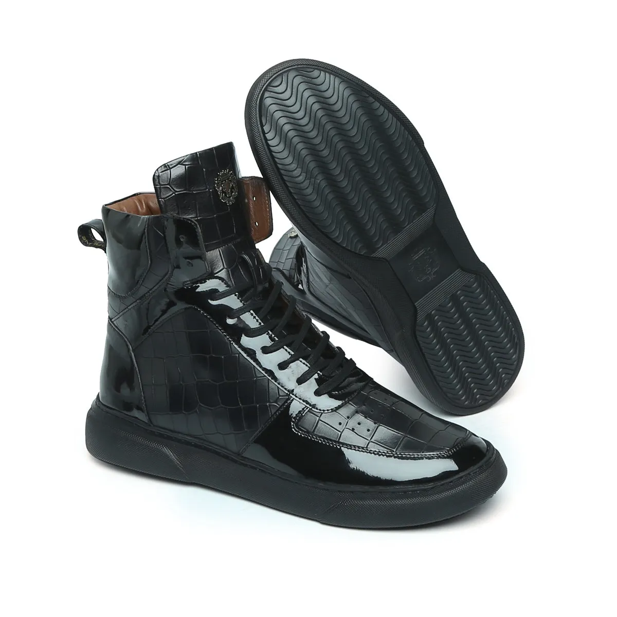 Patent Leather Detailing High Top Sneakers in Black Deep Cut Leather