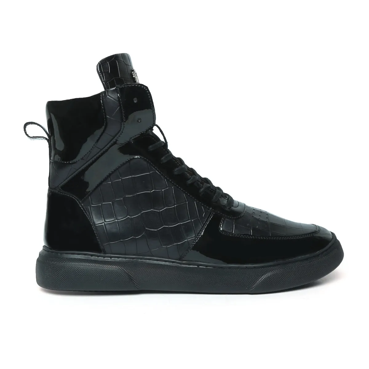 Patent Leather Detailing High Top Sneakers in Black Deep Cut Leather