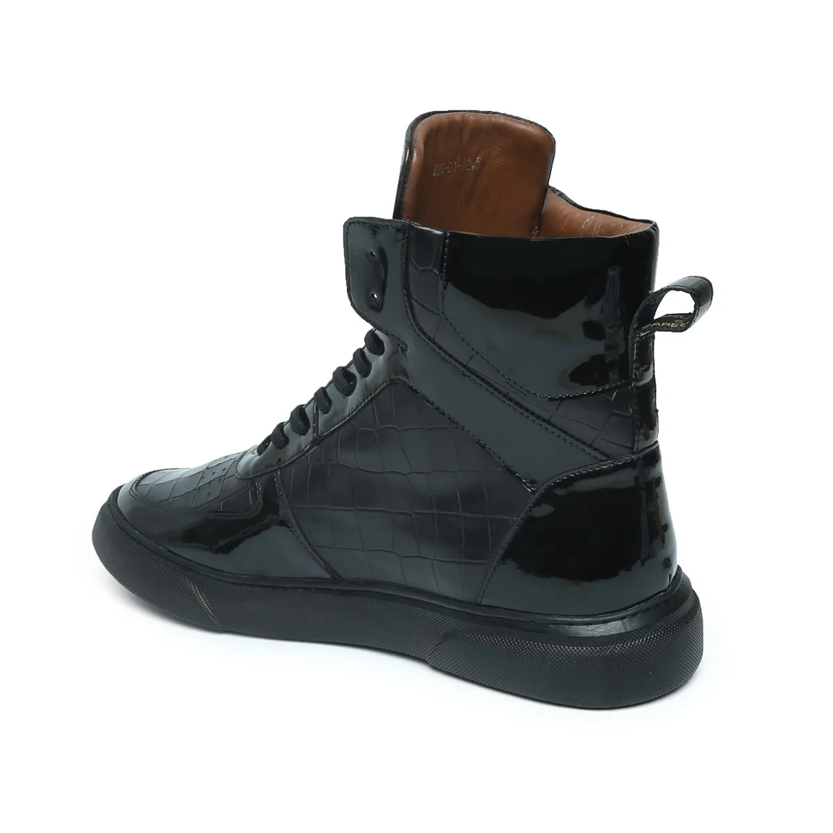 Patent Leather Detailing High Top Sneakers in Black Deep Cut Leather