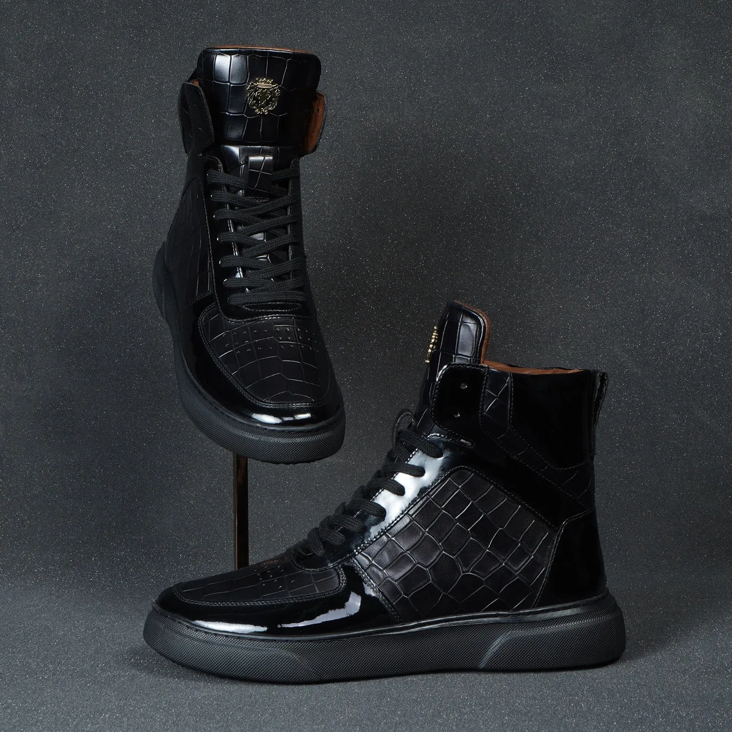 Patent Leather Detailing High Top Sneakers in Black Deep Cut Leather