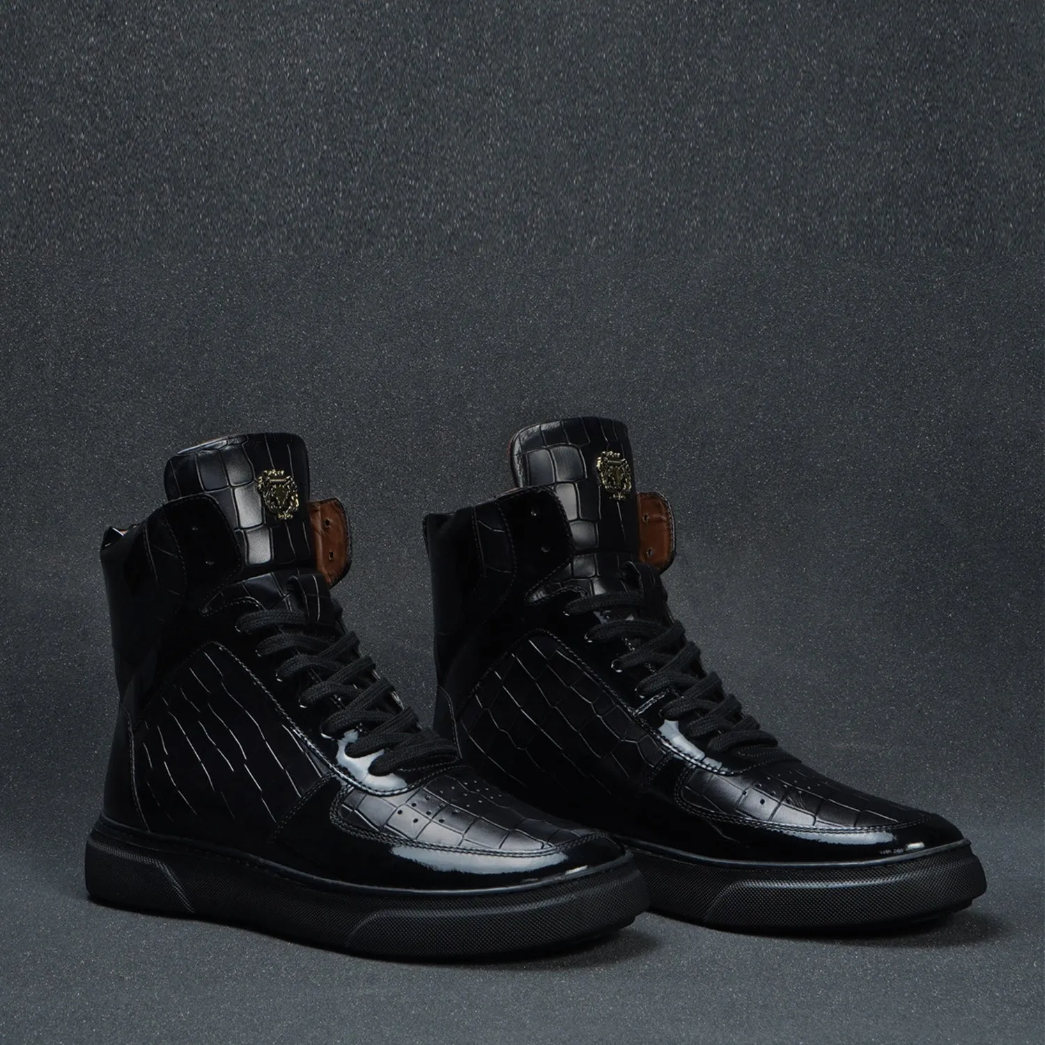 Patent Leather Detailing High Top Sneakers in Black Deep Cut Leather